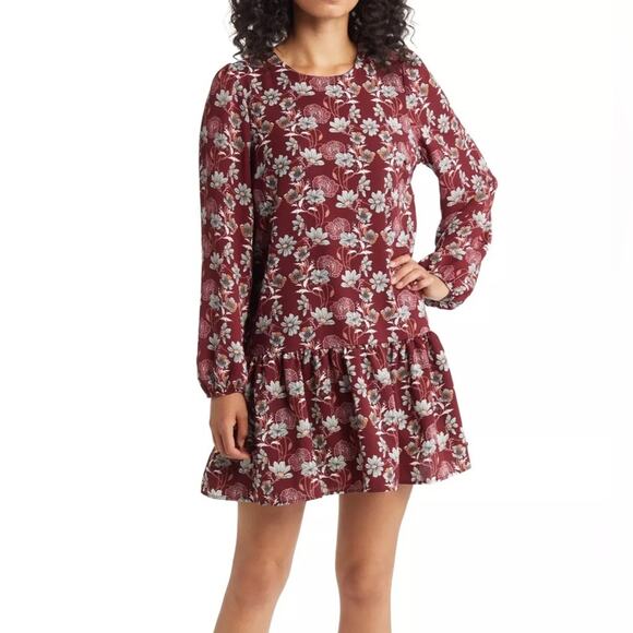 Caslon Floral Print Drop Waist Long Sleeve Dress Burgundy Floral Women’s - Picture 1 of 8